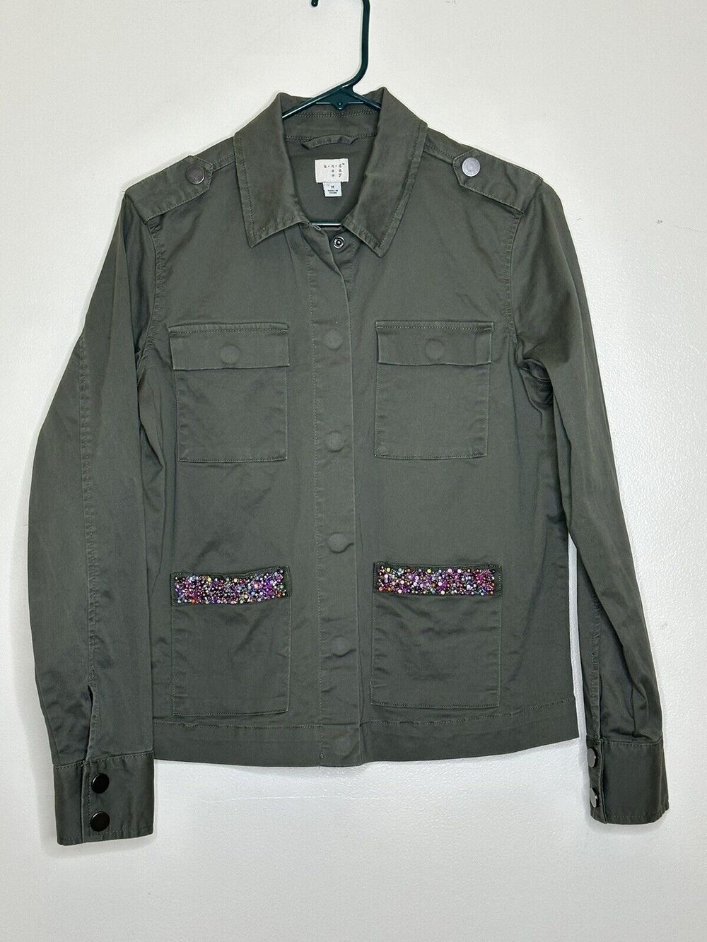 A New Day Snap Front Military Style Jacket Sz Med Beaded Pocket Trim Army Green